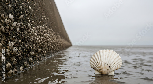 Single white scallop seashell on beach.