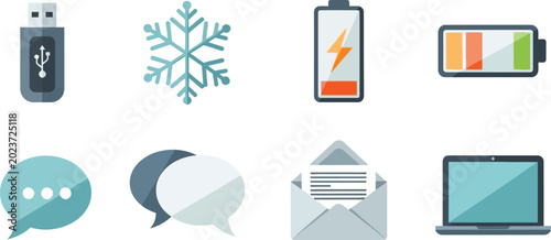 Bild auf Leinwand Flat digital technology and communications icon set with usb drive snowflake bat