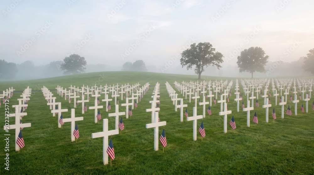 Obraz premium Rows of white crosses at a military cemetery with american flags at dawn