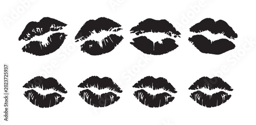 Black lipstick kiss prints variety set isolated on white art.