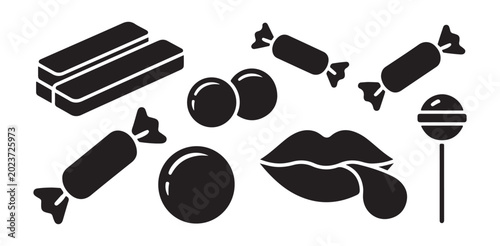 Bild auf Leinwand Set of black and white icons of lips, candies, gum, and lollipop.