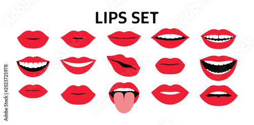 Schilderij op canvas Set of various red lips with different expressions on white.