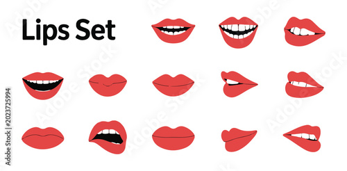 Tablou pe pânză Set of various red lips with different expressions on white.