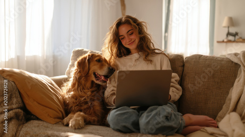 Young woman relaxing on sofa with a dog using laptop at home, cozy lifestyle and remote work