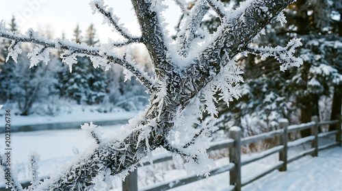 Intricate frost patterns form delicate ice crystals on a frozen tree branch in a winter landscape