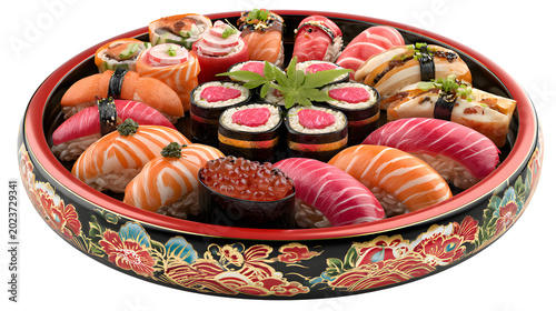 Fresh sushi platter with salmon tuna and rice details, luxury Japanese cuisine presentation, realistic food photography, isolated on white background