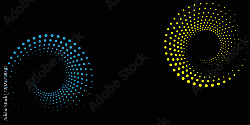 Abstract Halftone Dot Spirals In Yellow And Blue On Black Background For Modern Design