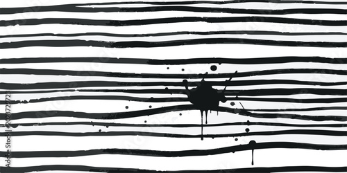 Fotografi Black ink splatter centered on horizontal lines abstract background with brush s