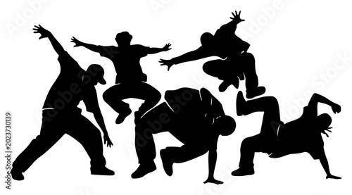 Φωτογραφία Group of breakdancers performing dynamic hip hop moves in urban silhouette style