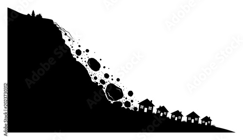Fotografija Landslide with falling rocks threatening small village houses in minimalist vect