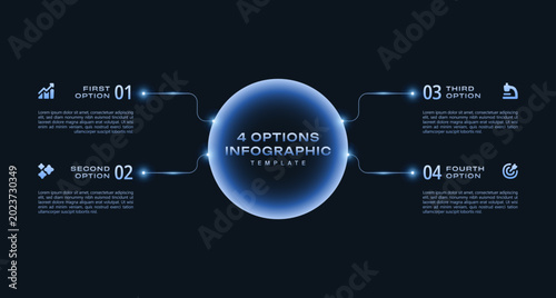 Bild auf Leinwand Modern vector infographic label with 4 circular steps, blue gradient workflow template, futuristic presentation layout, business process diagram, and clean digital design
