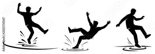 Bilde på lerret Slipping on wet floor silhouettes showing people falling down in flat black and
