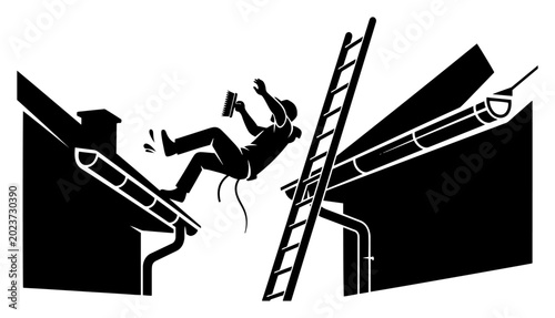 Konstfotografi Falling from ladder construction accident silhouette showing man tripping off ro
