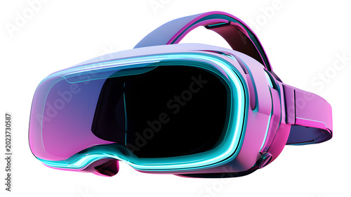 Futuristic virtual reality headset with glowing neon accents and modern technology styling, realistic product photography, isolated on white background