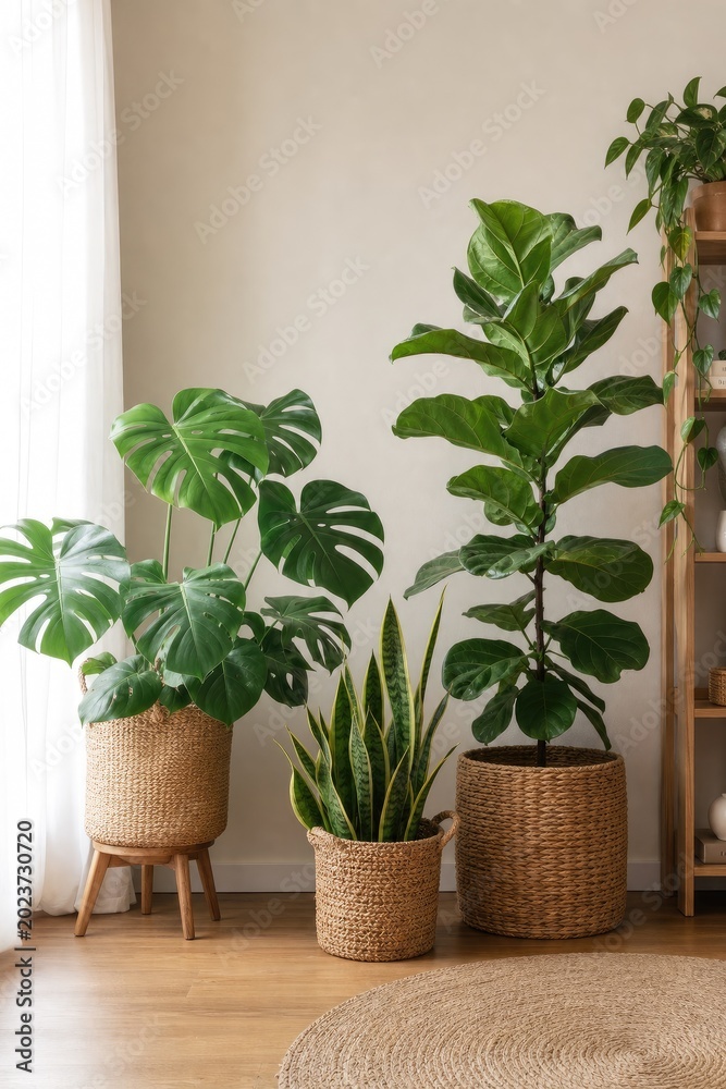 Fototapeta premium Lush indoor tropical plants collection in woven baskets on wooden floor, bright natural light, modern minimalist home decor with soft beige rug and neutral wall backdrop