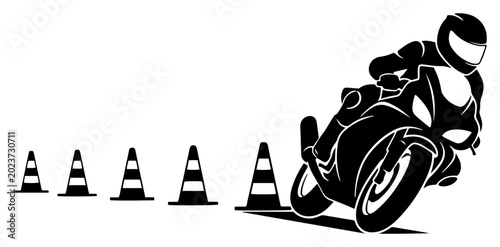 Photography Motorcycle rider practicing gymkhana maneuvers with traffic cones silhouette vec