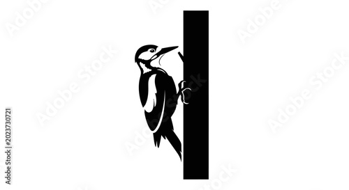 Fotografía Woodpecker clinging to a vertical tree trunk in black and white illustration