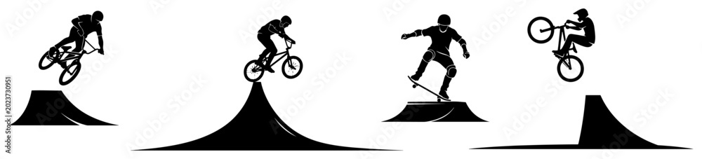 Naklejka premium BMX riders and skateboarders jumping on ramps and dirt hills in black and white vector silhouette style