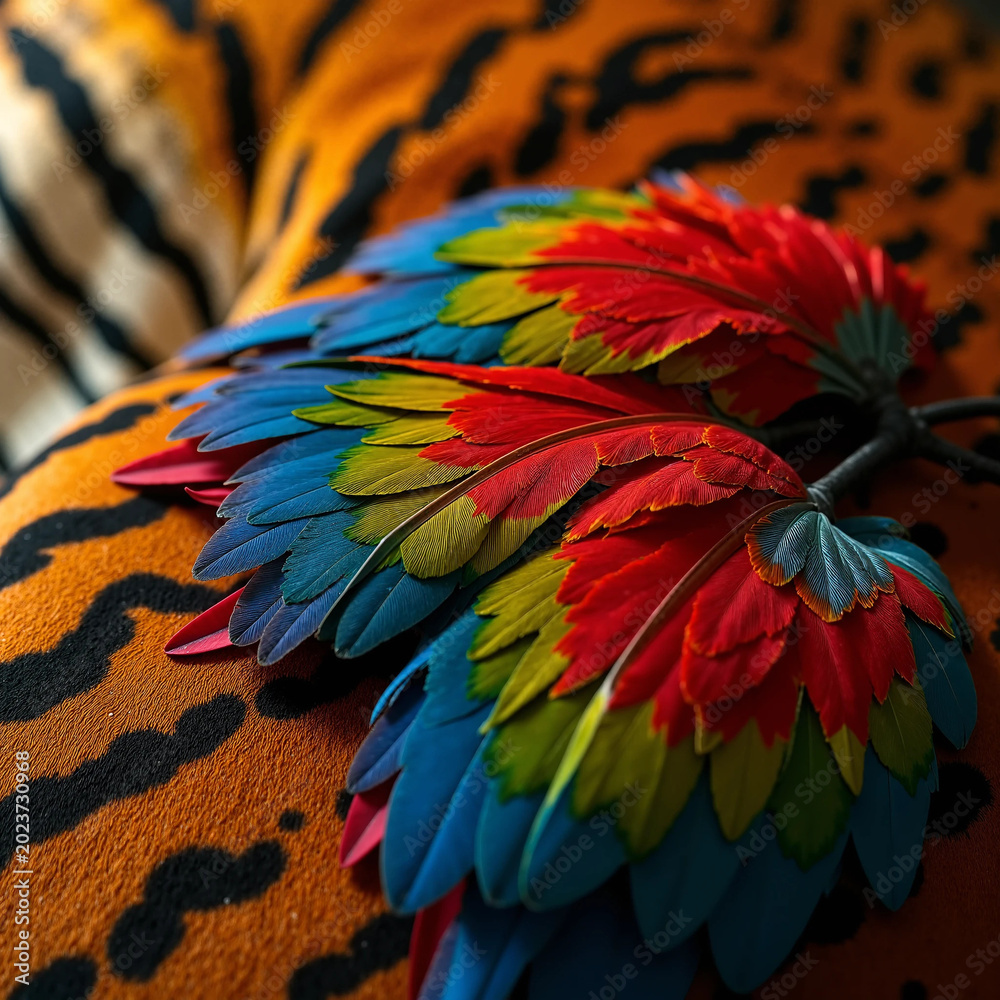 Obraz premium colorful parrot feathers and tiger skin