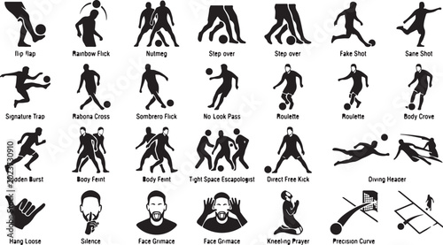 Set of Stick Figure Soccer Player Silhouette Icons Demonstrating Football Actions