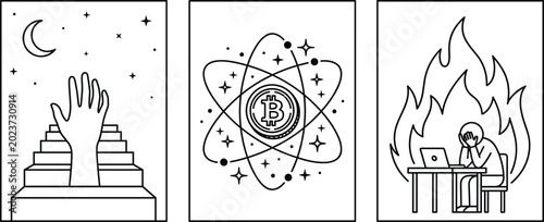 Bilde på lerret Abstract surreal poster collection with cryptocurrency, staircase and burnout co