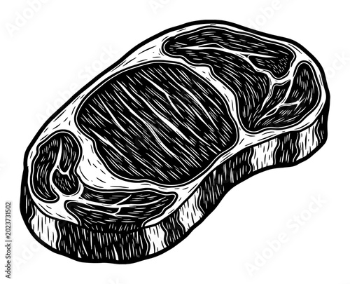 Raw Meat Steak Piece Black and White Outline Line Art Drawing Vector Illustration Design Element