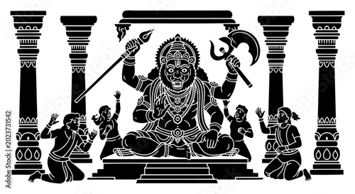 Cuadro en lienzo Lord Narasimha sitting in ancient temple with praying devotees in black and whit