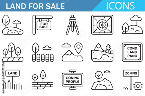 Fotografie Property Sale Line Icons Set with Land Parcel Fence House and Location Marker