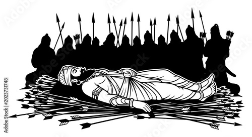 Quadro su tela Fallen warrior lying on bed of arrows with silhouetted army in background graphi