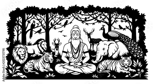 Konstfotografi Sage meditating in peaceful forest surrounded by wild animals in black and white