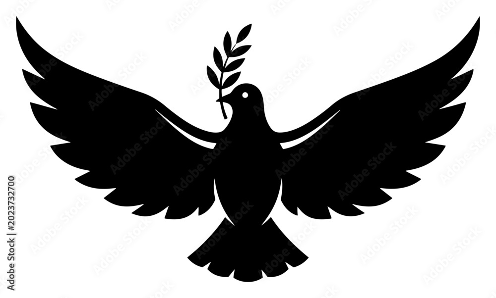 Fototapeta premium Flying dove with olive branch symbol of peace silhouette vector