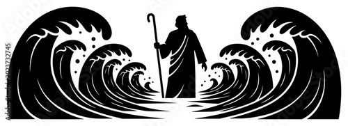 Canvas Print Moses parting the red sea waves during the exodus silhouette vector
