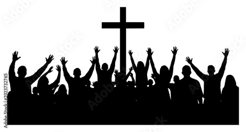 Quadro su tela Crowd of people worshipping and praying in front of a Christian cross in silhoue