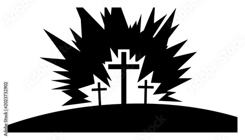 Foto Three crosses on hill with light burst in black and white silhouette vector styl