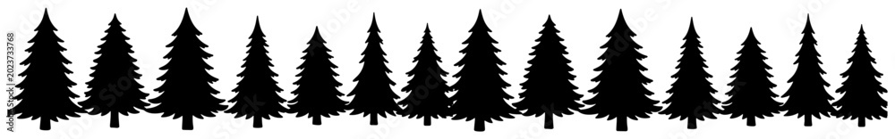 Obraz premium Fir tree forest border with evergreen pine silhouettes vector art