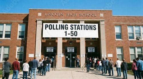 A crowd of people wait in line outside a brick high school building with a polling station sign