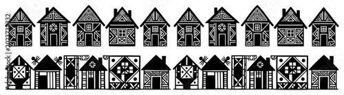 Photos Decorative folk art houses with traditional patterns in village row silhouette v
