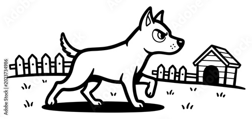 Tableau sur toile Angry guard dog walking in yard with kennel line art vector