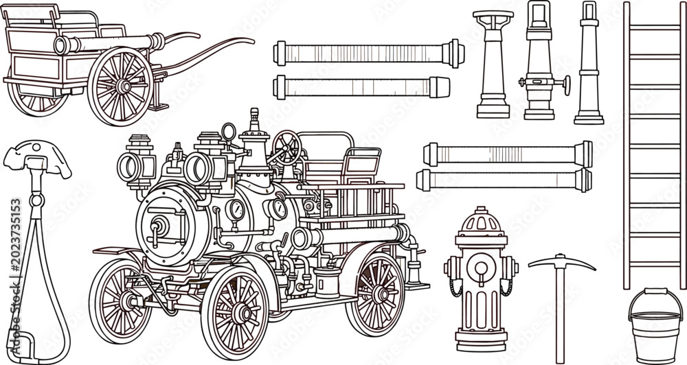 Obraz premium Vintage Fire Truck Line Art Icon Set with Antique Steam Pumper Carriage Fire Hydrant Ladder Hose and Pickaxe Tools