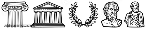 Fotografie Greek history icons with temple column and philosophers in line art style