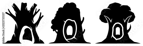 Foto Hollow tree trunks and animal dens silhouette vector set