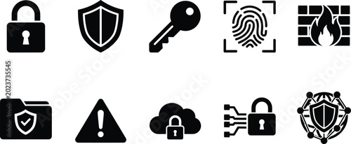 Bild auf Leinwand Technology network security icons set with global protection shield password key