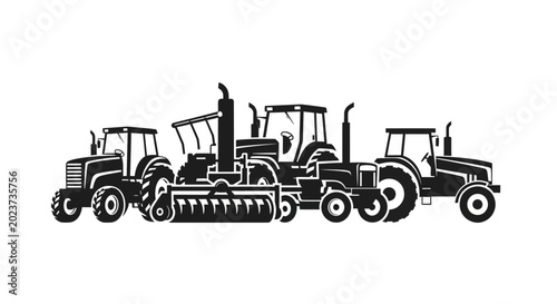 Three black tractors with different attachments on white background agricultural machinery concept