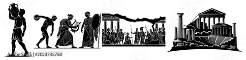 Fotografie Ancient Greek civilization scenes with athletes musicians and temple ruins in bl