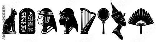 Cuadro en lienzo Egyptian cultural symbols featuring pharaoh portraits bastet cat and hieroglyphs