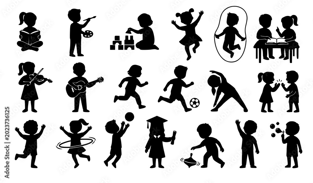 Fototapeta premium Kids Activity Silhouettes with Children Playing Studying Dancing and Creative Learning Poses