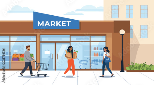 Konstfotografi People shopping at supermarket storefront with grocery bags and market exterior