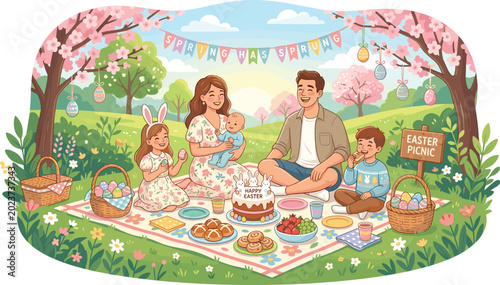 Quadro em tela Spring has sprung holiday celebration banner featuring smiling family enjoying p