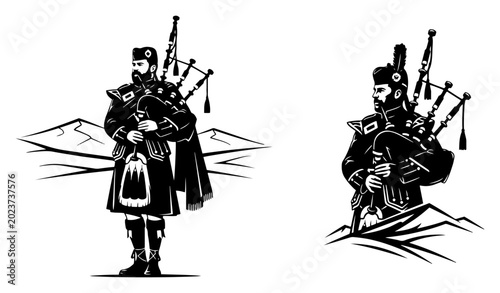 Tableau sur toile Scottish bagpiper wearing traditional kilt in mountain landscape in black silhou