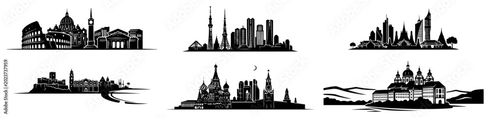 Fototapeta premium Global travel landmarks and cityscape silhouettes from around the world black and white vector set